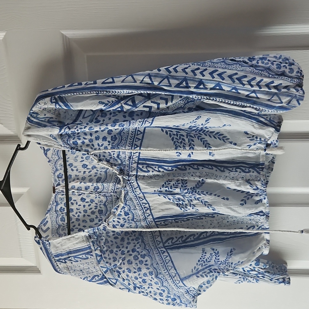 Free People White and Blue Bell Sleeve Blouse with Tie Front